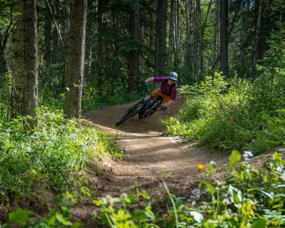 Banking a berm at the Hinton Bike Park in Hinton, AB.