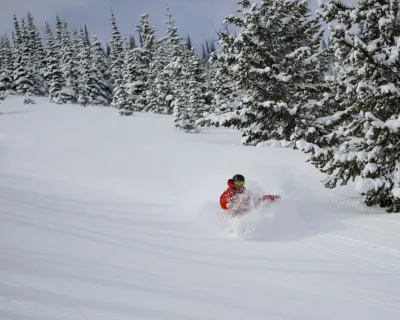 A skier goes down a hill throwing up snow in their path