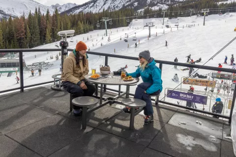 Enjoying lunch on the upper deck at the main lodge at Marmot Basin, Jasper, AB, Canada