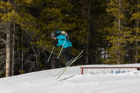 skier jumps off box at Lake Louise Ski Resort Alberta Paul Lavoie