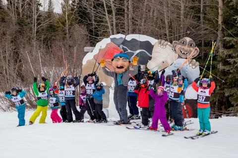 Troll mascot and skiers at Troll Ski Resort Quesnel BC Bonnie Grenon