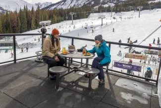 Enjoying lunch on the upper deck at the main lodge at Marmot Basin, Jasper, AB, Canada