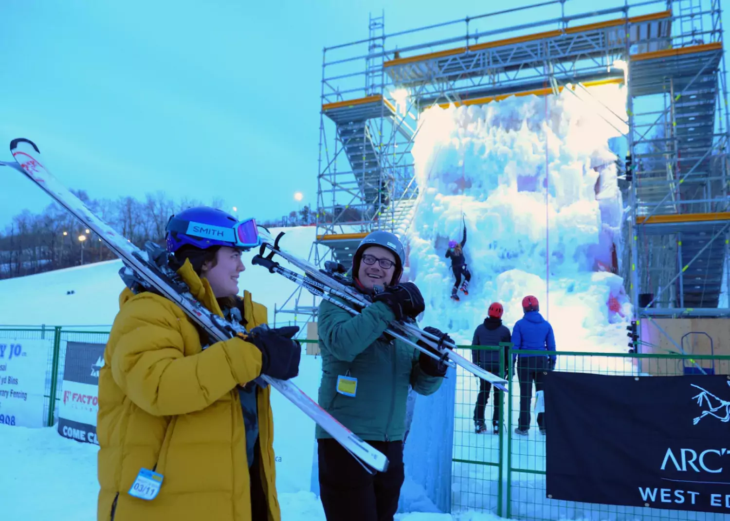 Skiing? Or Ice climbing? So many choices! photo: Jeremy Derksen Edmonton Ski Club Ice wall and skiers Jeremy Derksen
