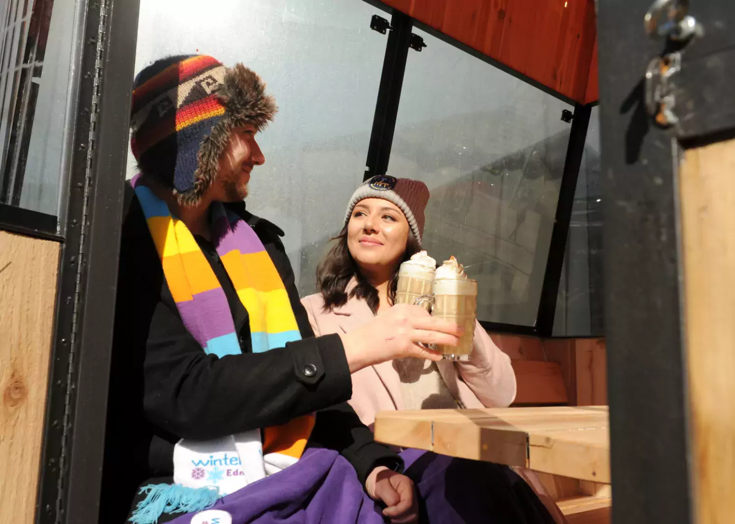 Have a drink in a custom-built gondola. Like being in the alps, on Jasper ave. photo: Jeremy Derksen Rocky Mountain Icehouse heated winter gondola patio Jeremy Derksen